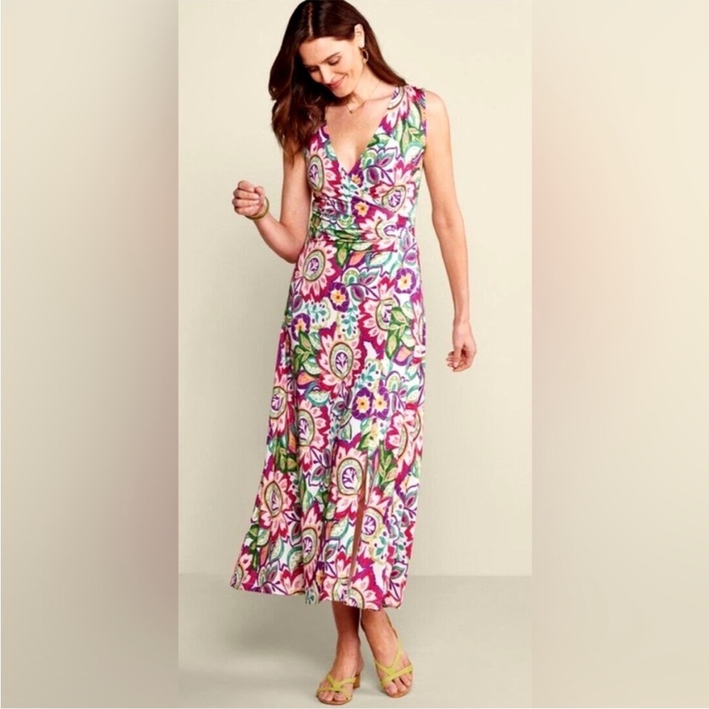 Soft Surroundings Malee Maxi Dress Floral Shirring Surplice Neckline Small - Picture 2 of 9